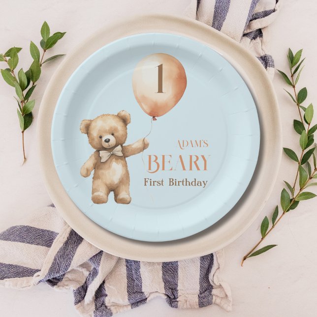 Minimalist Bear Blue Boy Beary 1st Birthday Paper Plate (Creator Uploaded)
