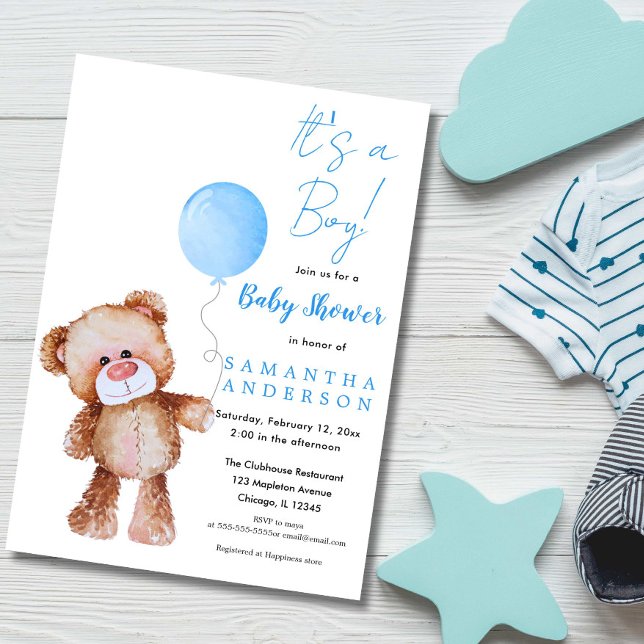 Minimalist bear 'Its a boy!' Baby Shower  Invitation (Modern Teddy Bear Boy Baby Shower Invitation, Its a Boy)
