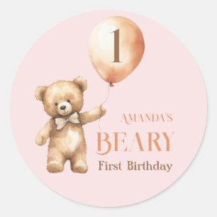 Minimalist Bear Pink Girl Beary 1st Birthday Classic Round Sticker