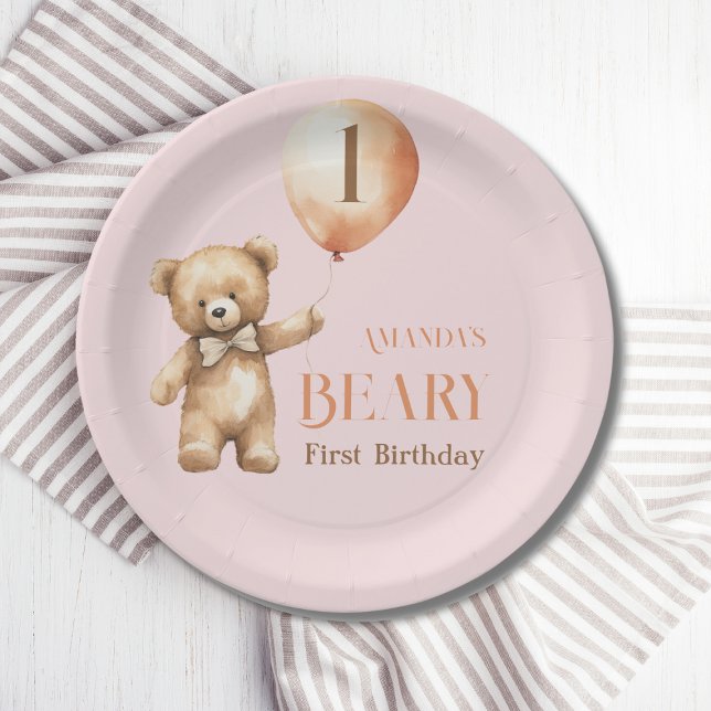 Minimalist Bear Pink Girl Beary 1st Birthday Paper Plate (Creator Uploaded)