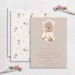 Minimalist Bearly Wait Brown Baby Shower Invitation<br><div class="desc">Create the perfect modern gender neutral minimal baby announcement baby shower teddy bear invitation with this trendy "we can bearly wait" quote design, in hand lettered typography in trendy brown. A sweet coordinating teddy bear and leaf pattern features on the back. Contact designer for matching products and design variations. Copyright...</div>