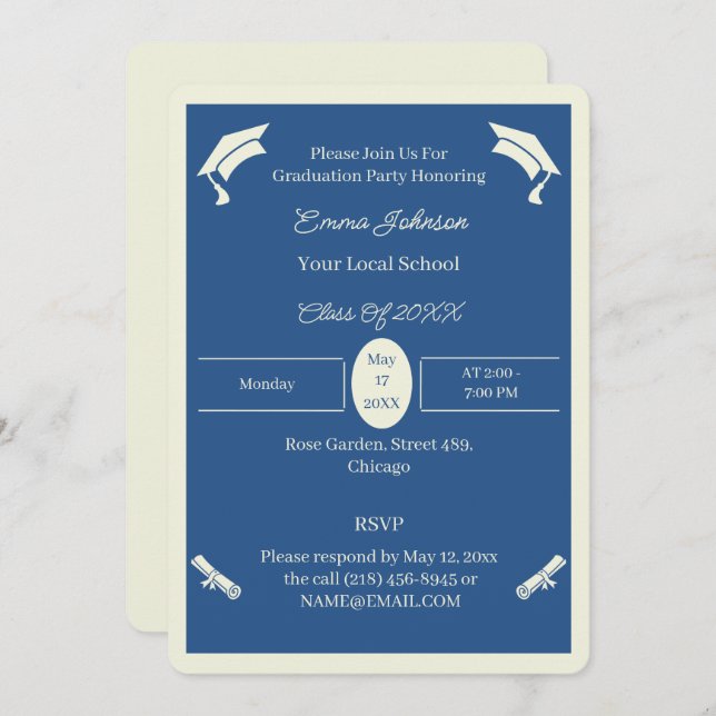 Minimalist Beige And Blue Custom Graduation Invitation (Front/Back)