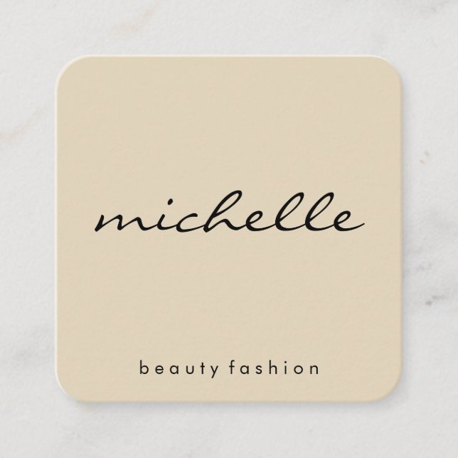 Minimalist Beige Black with Cursive Text Square Business Card (Front)