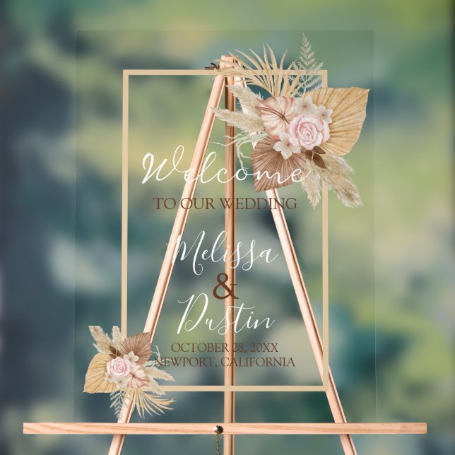 Minimalist Beige Boho Floral Fall Wedding Welcome  Acrylic Sign (Neutral)