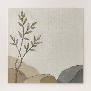Minimalist Beige Branch Leaves Abstract Earthy Jigsaw Puzzle