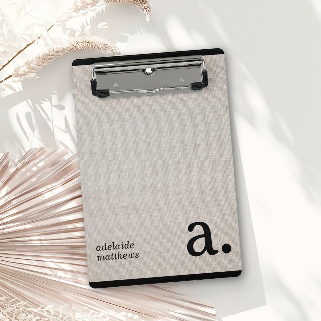 Minimalist Beige Faux Linen Look Monogram Name Mini Clipboard (Creator Uploaded)