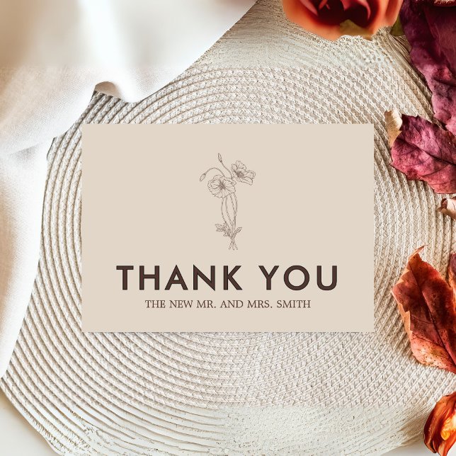 Minimalist Beige Floral Wedding Thank You Card (Minimalist Floral Beige Wedding Thank you Card)