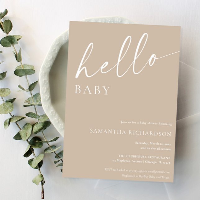 Minimalist beige hello baby gender neutral shower invitation (Creator Uploaded)