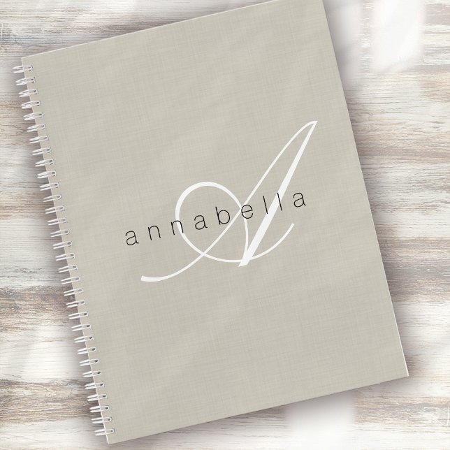 Minimalist Beige Linen Monogram Script Notebook (Creator Uploaded)