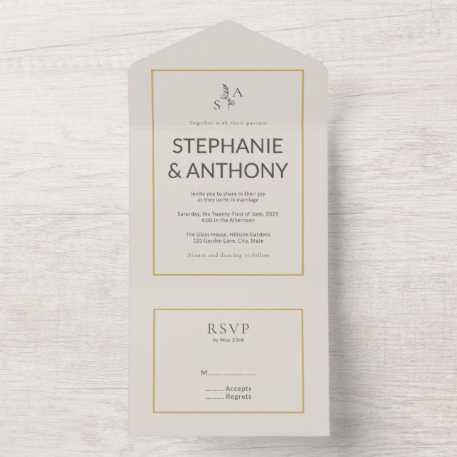 Minimalist Beige Monogram Wildflower Wedding All In One Invitation (Inside)