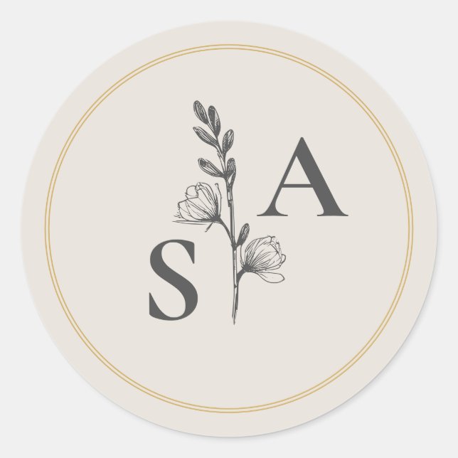 Minimalist Beige Monogram Wildflower Wedding Classic Round Sticker (Front)