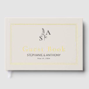 Minimalist Beige Monogram Wildflower Wedding Guest Book