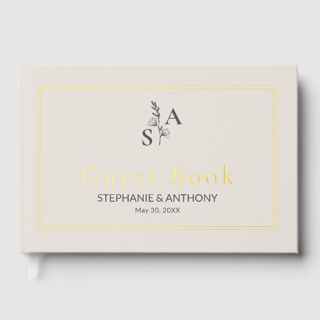 Minimalist Beige Monogram Wildflower Wedding Guest Book (Front)