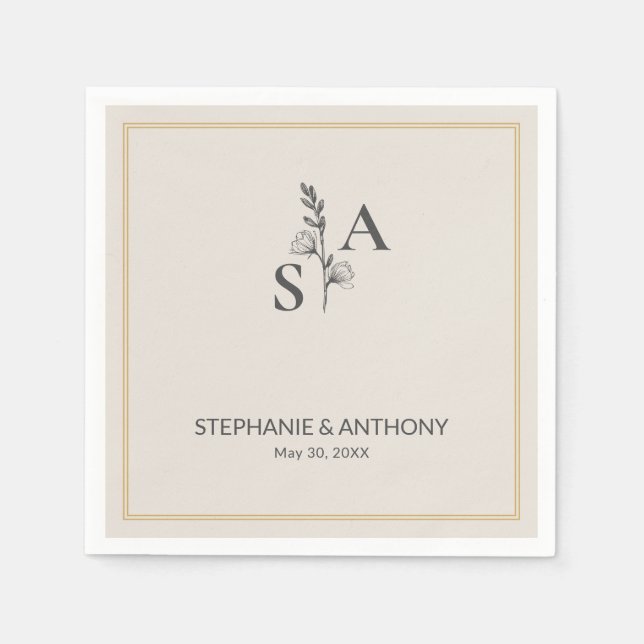 Minimalist Beige Monogram Wildflower Wedding Napkin (Front)
