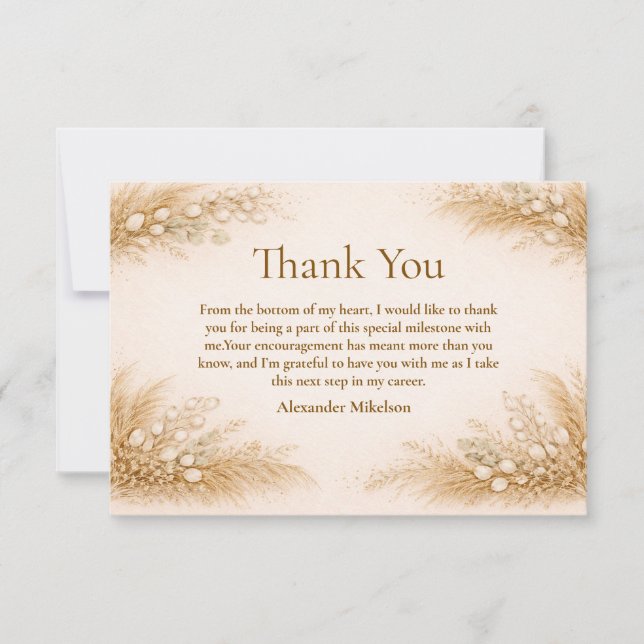 Minimalist Beige Pampas Graduation Party Thank You Card (Front)