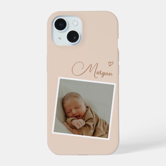 Minimalist Beige Script Custom Photo iPhone 15 Case (Back)