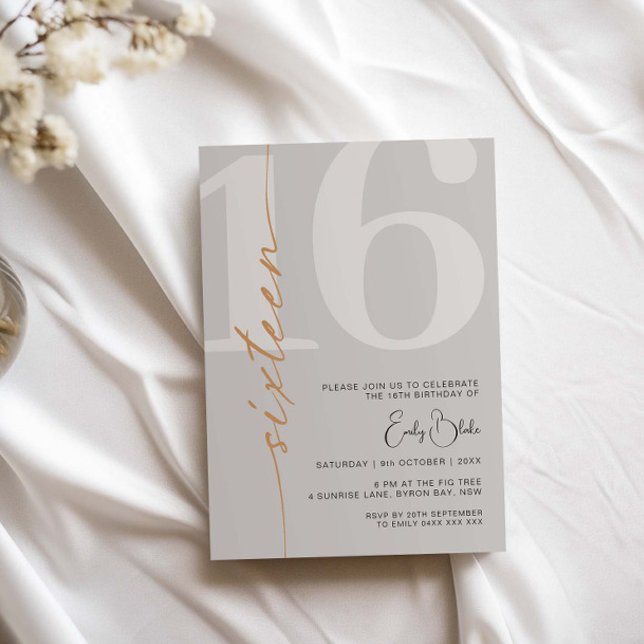 Minimalist Beige Sixteen 16th Birthday Party Invitation (Creator Uploaded)