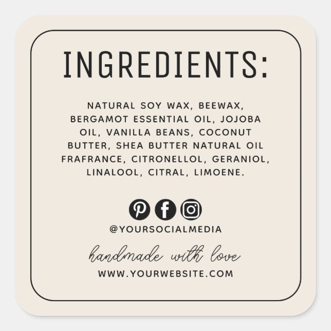 Minimalist beige social media ingredients label (Front)