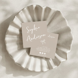 Minimalist Beige with Elegant Script & Bow Square Business Card