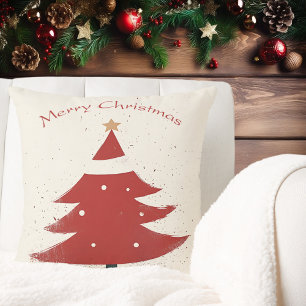 Minimalist Beige with Red Christmas Tree Graphic Cushion