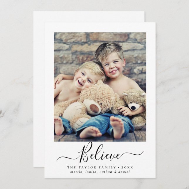 Minimalist Believe Religious Portrait Photo Holiday Card (Front/Back)