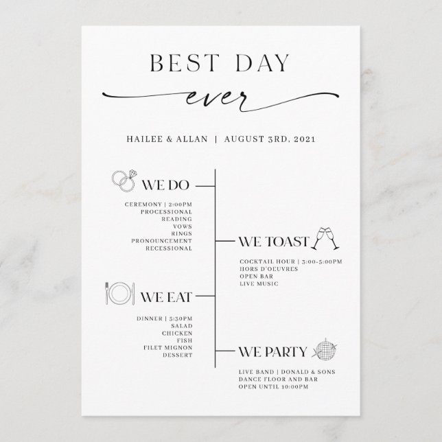 Minimalist Best Day Ever Wedding Timeline Program Programme (Front)