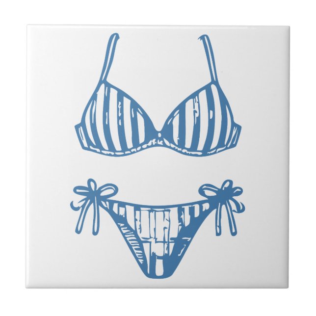 Minimalist Bikini Line Art Blue Outline Coastal Tile (Front)