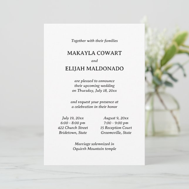 Minimalist Bilingual Spanish-English Two Reception Invitation (Standing Front)