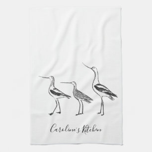Minimalist Bird Drawing Black White Personalised  Tea Towel