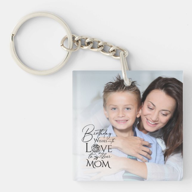 Minimalist Birthday Photo Frame Calligraphy Mom Key Ring (Front)
