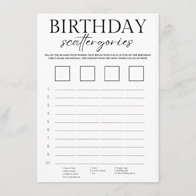 Minimalist birthday scattergories game card (Front)