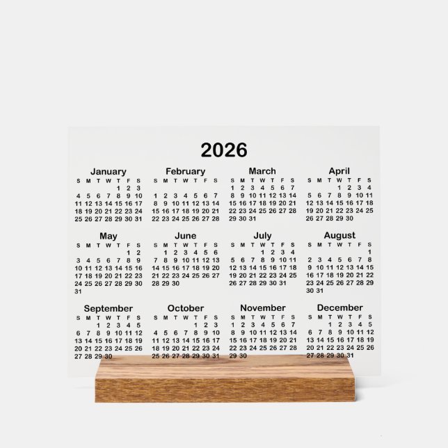 Minimalist Black 2026 Calendar Acrylic Sign (Front)