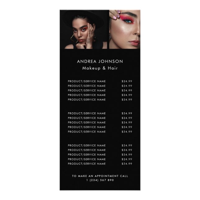 Minimalist Black 2 Photo Makeup Hair Price List Rack Card (Front)