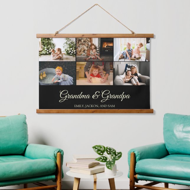 Minimalist Black 6 Photo Collage Grand Parents Hanging Tapestry (Living Room)