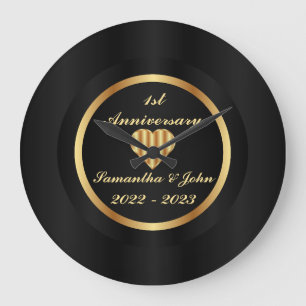 Minimalist Black And Gold 1st Wedding Anniversary Large Clock