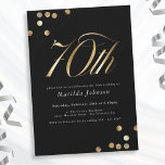 Minimalist Black and Gold 70th Birthday Party Invitation<br><div class="desc">Minimalist Black and Gold 70th Birthday Party Invitation. This design embraces a black and gold minimalist theme that exudes modern elegance. The invitation features a sleek black background, providing a sophisticated canvas for the opulent gold accents. Modern, stylish typography takes centre stage, with serif fonts, creating a striking and elegant...</div>