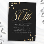 Minimalist Black and Gold 80th Birthday Invitation<br><div class="desc">Minimalist Black and Gold 80th Birthday Invitation. This design embraces a black and gold minimalist theme that exudes modern elegance. The invitation features a sleek black background, providing a sophisticated canvas for the opulent gold accents. Modern, stylish typography takes centre stage, with serif fonts, creating a striking and elegant look....</div>