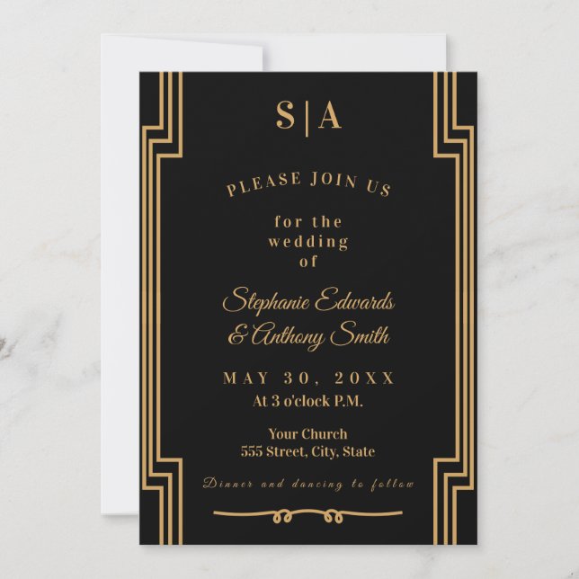 Minimalist Black and Gold Art Deco Wedding  Invitation (Front)