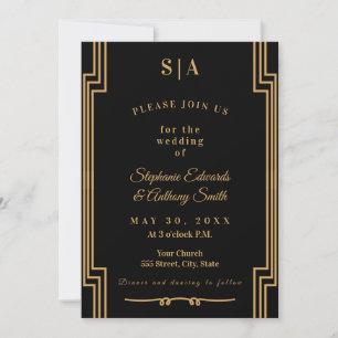Minimalist Black and Gold Art Deco Wedding  Invitation