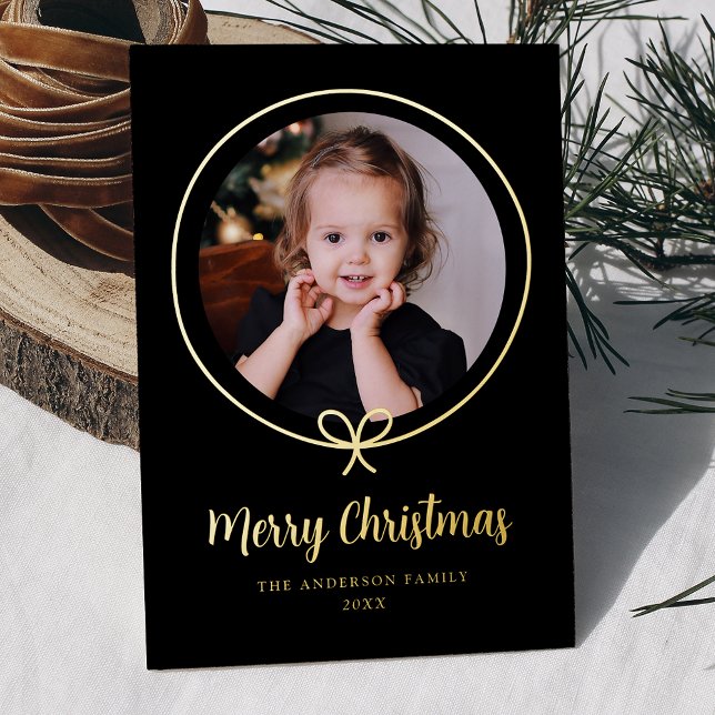 Minimalist Black and Gold Bow Ribbon Photo Foil Holiday Card (Creator Uploaded)