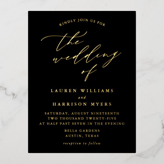 Minimalist Black and Gold Calligraphy Wedding Foil Invitation Postcard (Front)