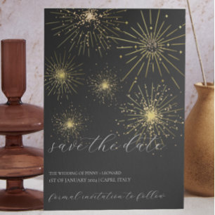 Minimalist Black and Gold Fireworks Save The Date Invitation