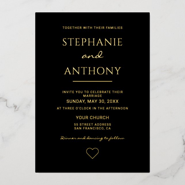 Minimalist Black And Gold Heart Modern Wedding   (Front)