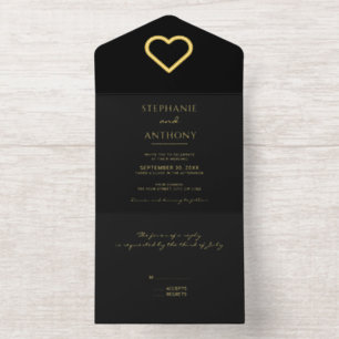 Minimalist Black And Gold Heart Modern Wedding    All In One Invitation