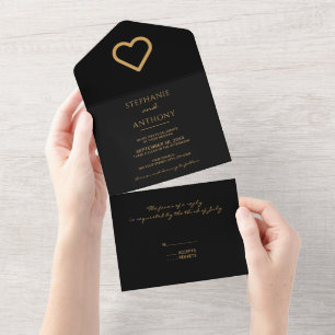 Minimalist Black And Gold Heart Modern Wedding    All In One Invitation