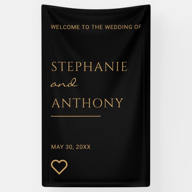 Minimalist Black and Gold Heart Modern Wedding   Banner (Vertical)