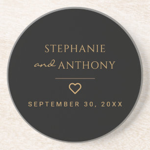 Minimalist Black And Gold Heart Modern Wedding   Coaster