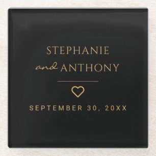 Minimalist Black And Gold Heart Modern Wedding Glass Coaster
