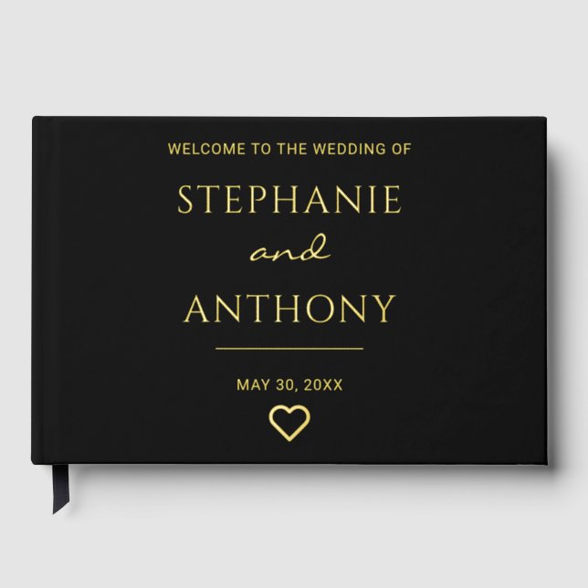 Minimalist Black And Gold Heart Modern Wedding   Guest Book (Front)