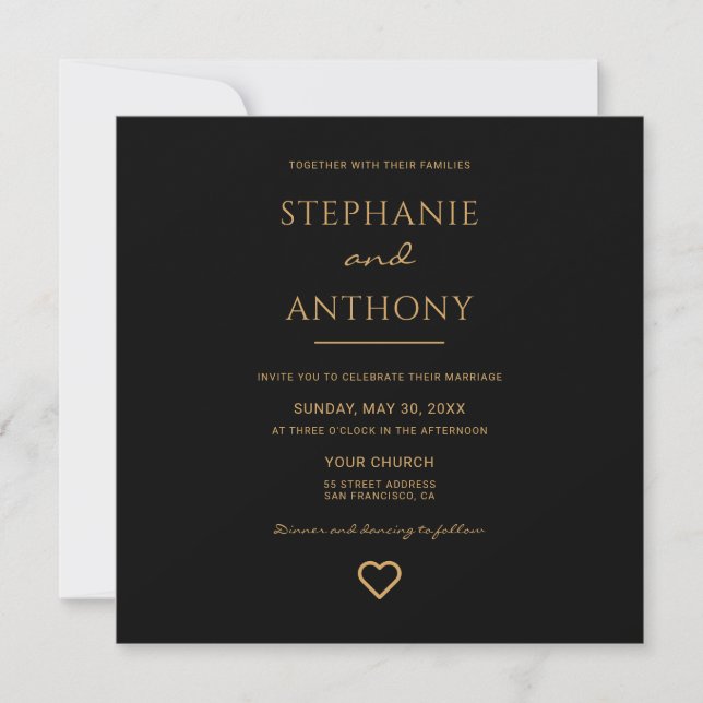 Minimalist Black And Gold Heart Modern Wedding   Invitation (Front)